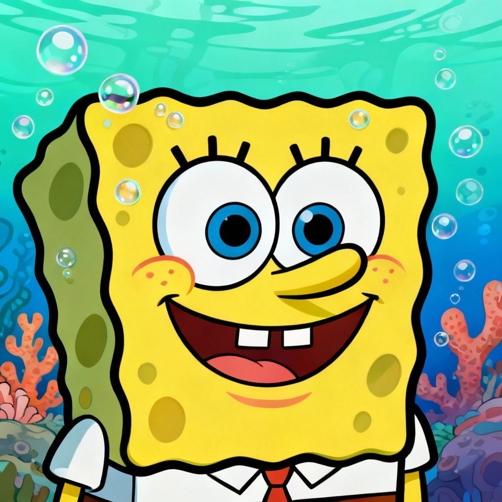 AI Spongebob style portrait of a smiling person in an underwater scene