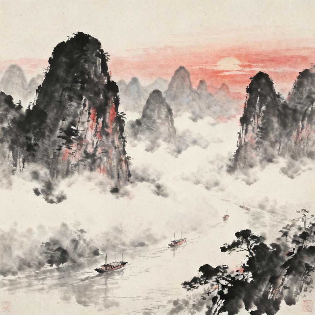 AI Chinese ink landscape of Guilin karst mountains at sunrise