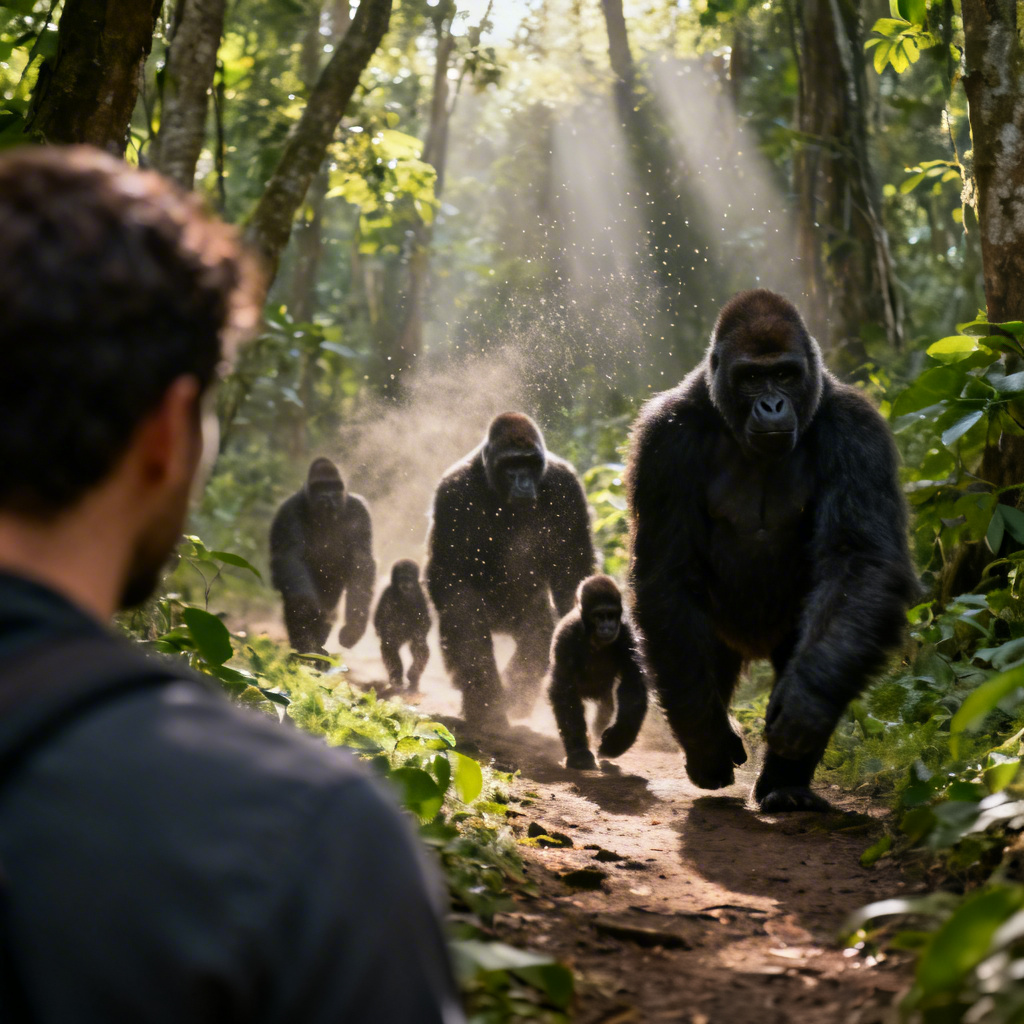 Gorilla family troop walking through jungle for vlog