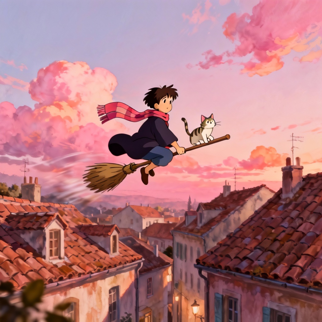AI ghibli-inspired apprentice wizard flying on a broom over rooftops