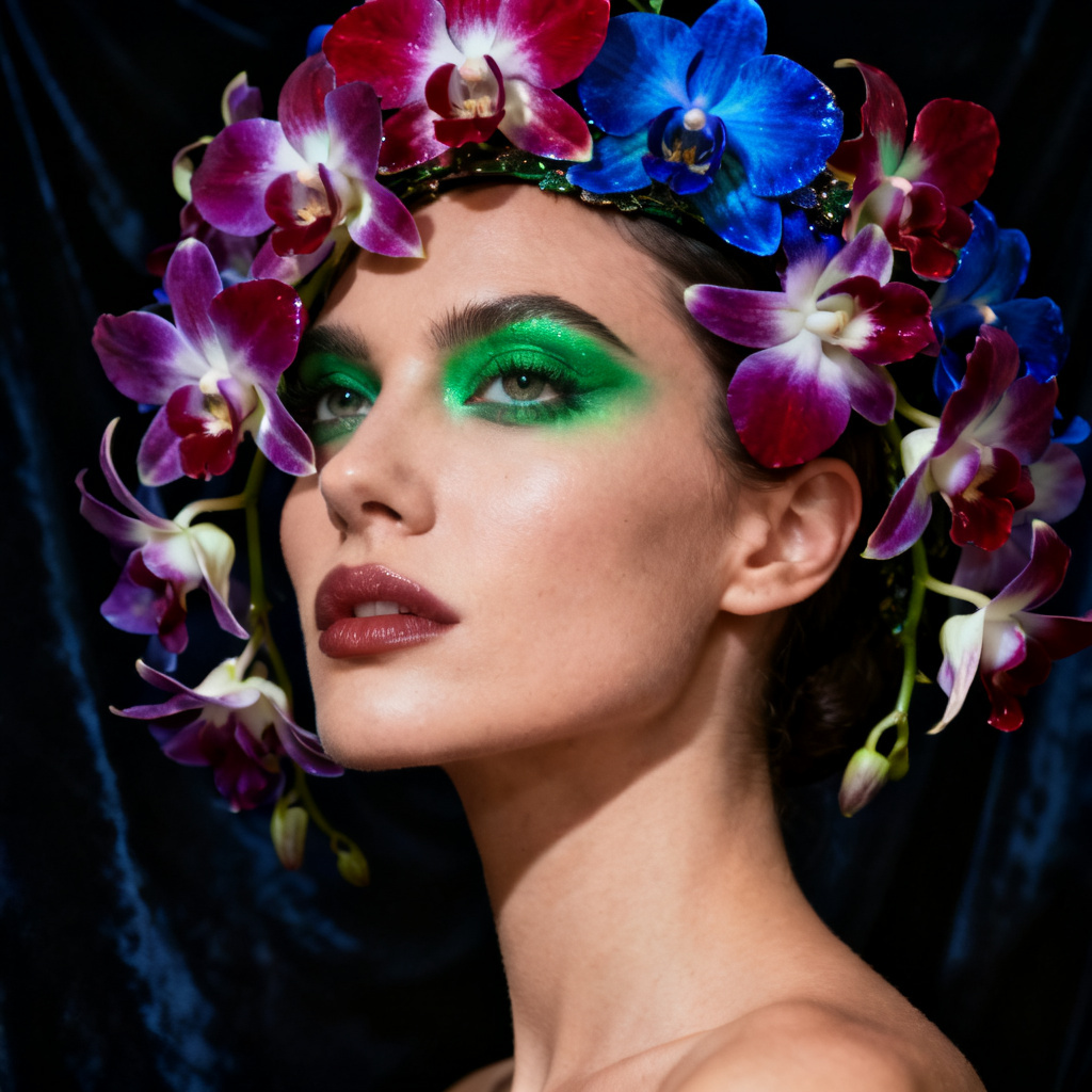 Regal orchid flower headpiece on studio portrait