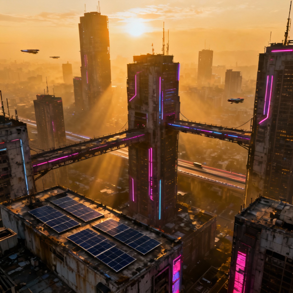 AI futuristic cityscape at sunrise with neon highlights