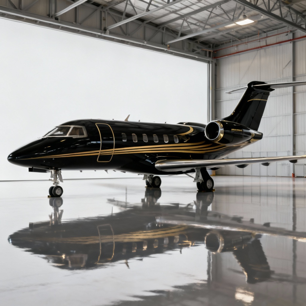 AI private jet livery concept in matte black with gold stripe