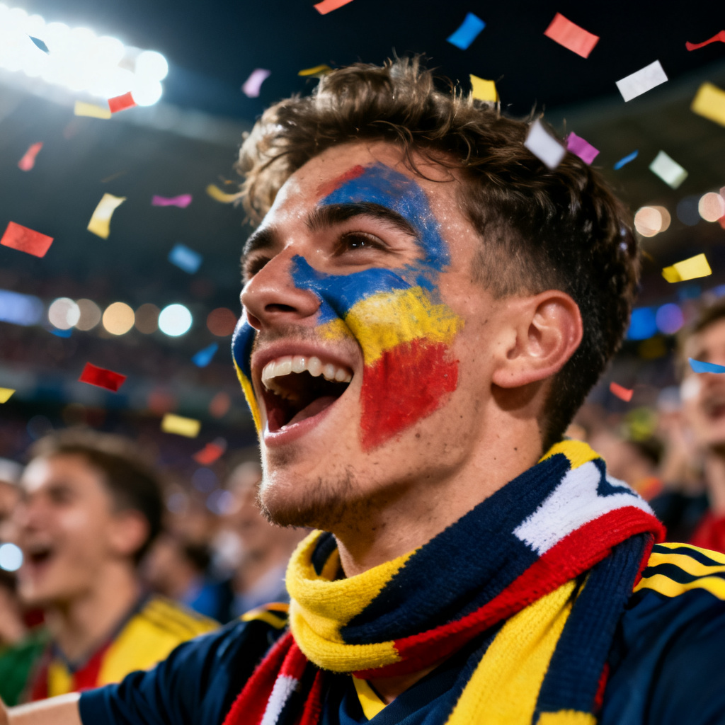 AI football fan portrait with scarf, face paint, and stadium lights