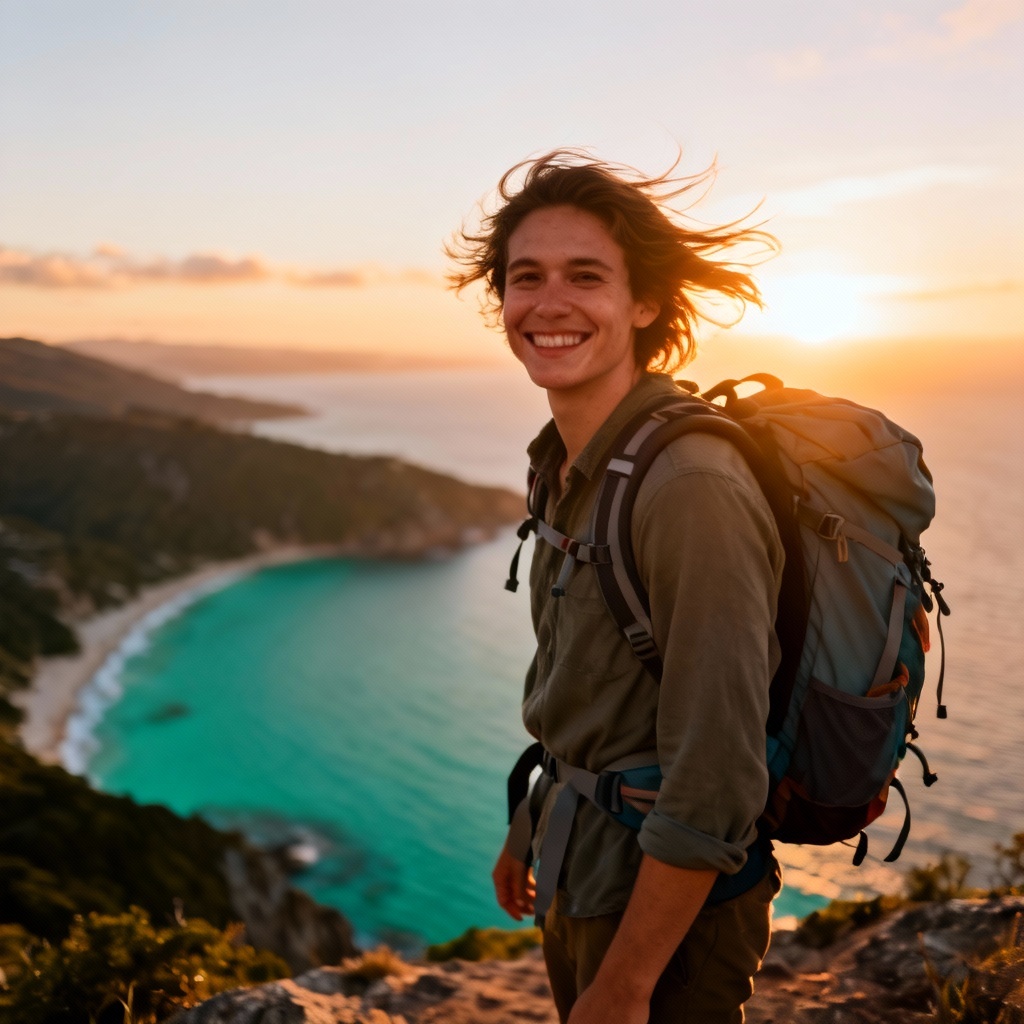 AI backpacker portrait at sunset above a scenic bay