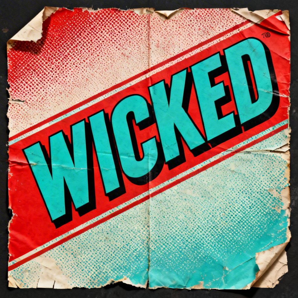 AI wicked poster with retro pulp horror duotone and worn paper