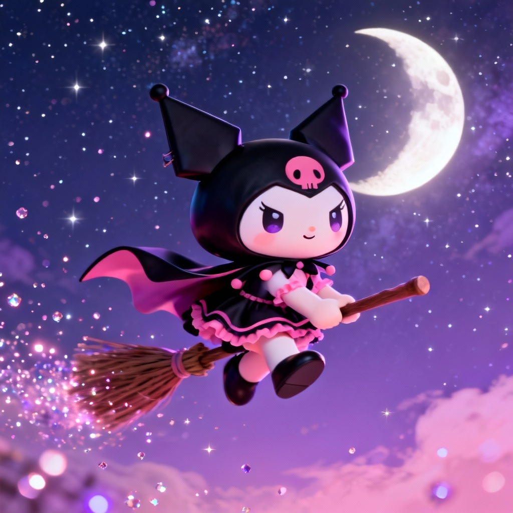 AI Kuromi witch flying at night