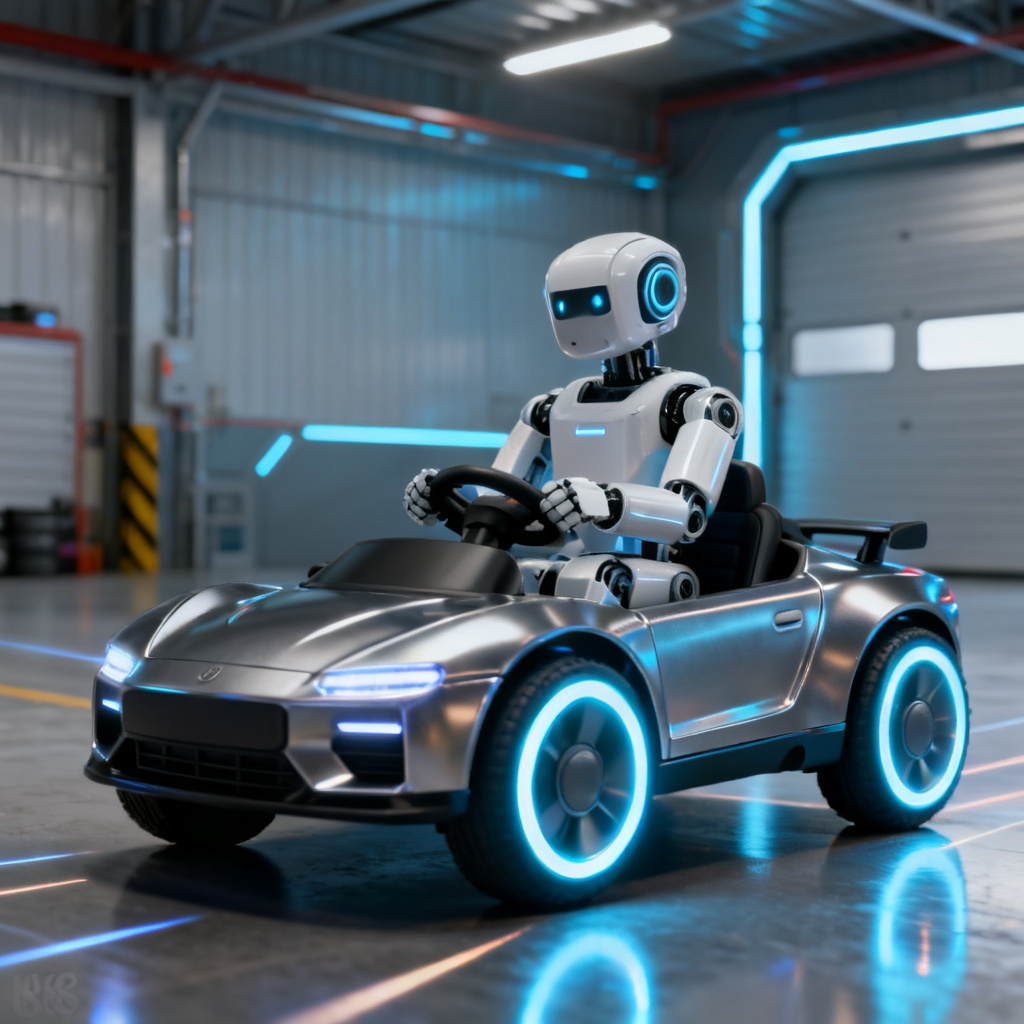 AI robot driving an RC toy car in a futuristic garage