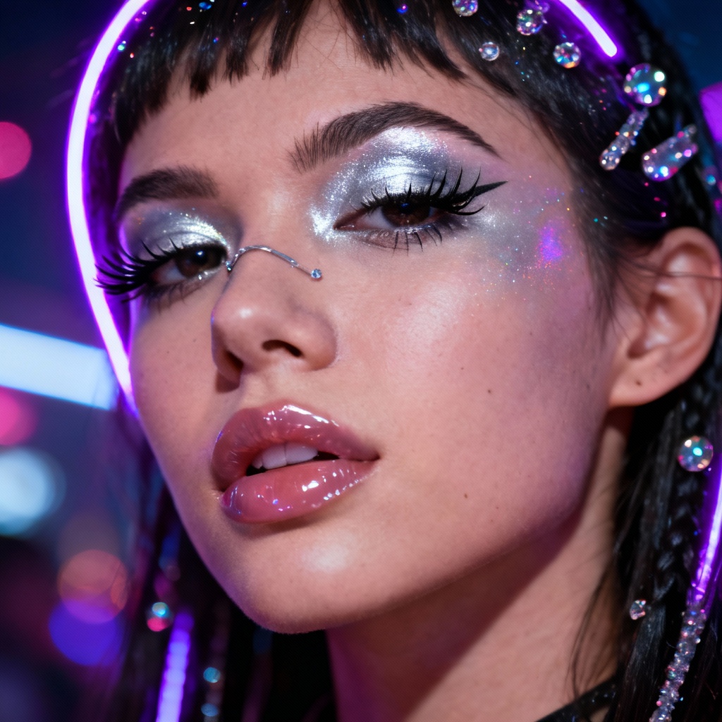 AI Y2K makeup holographic highlight and smoky silver lid