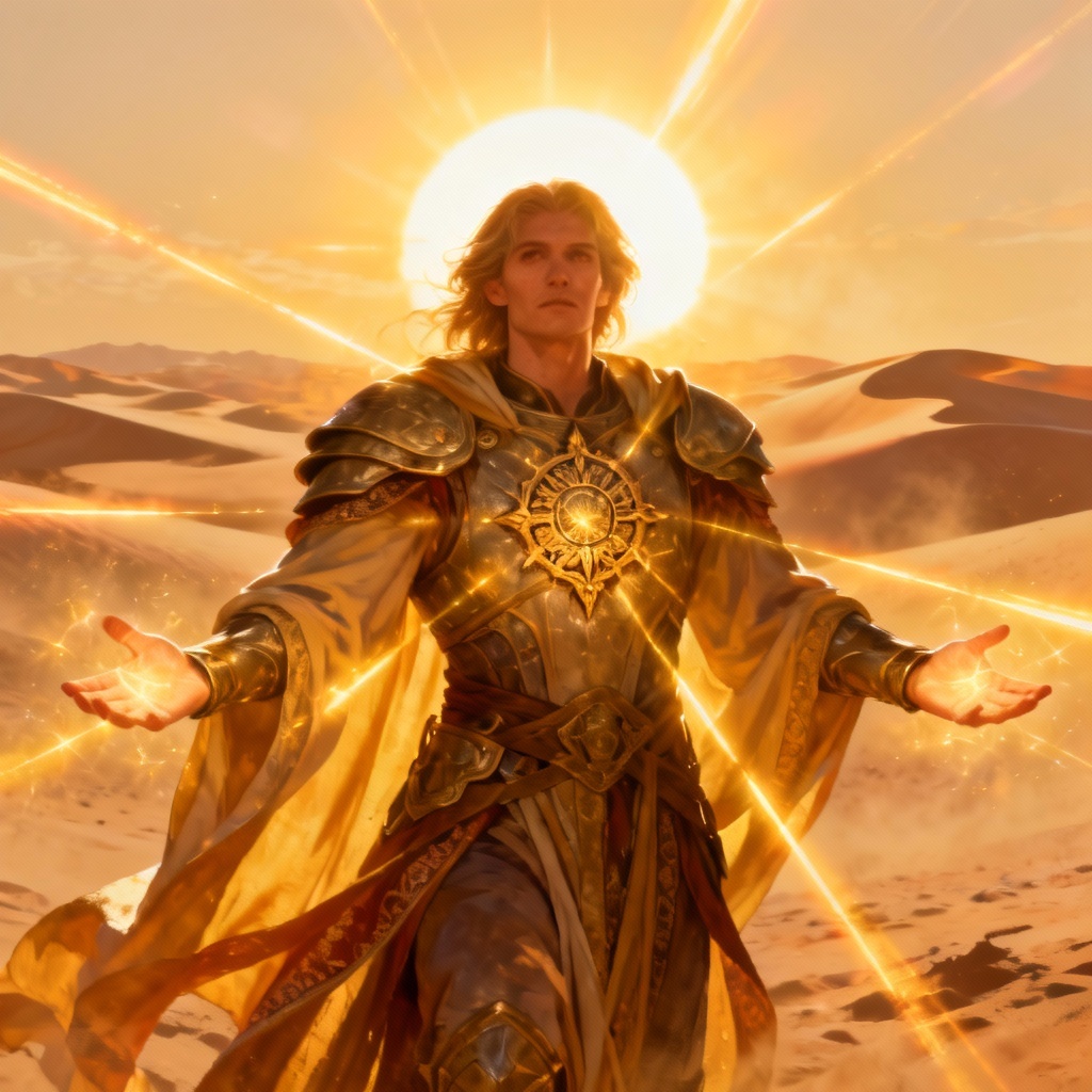 AI solar-powered superhuman emitting golden energy