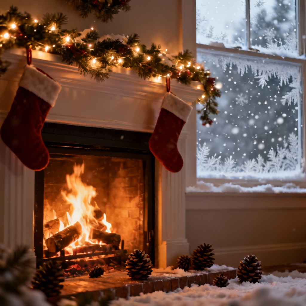 Cozy fireplace Christmas background with warm lights and decor