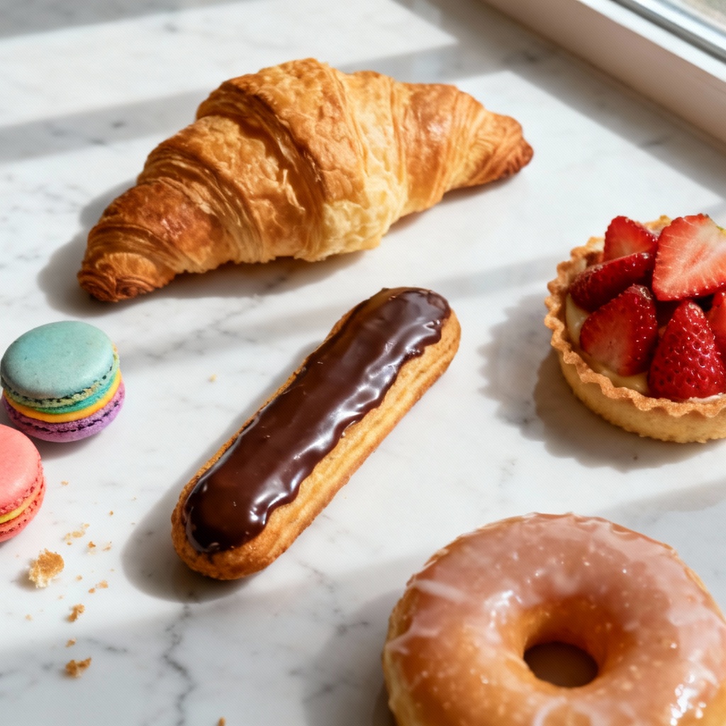 Assorted AI-generated pastries on marble background