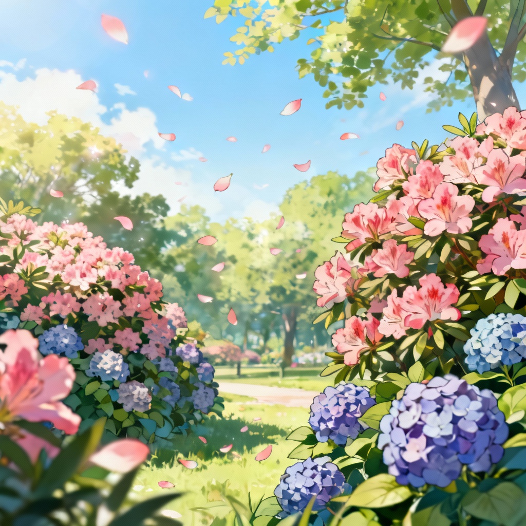 AI anime-style flowering bushes in a spring park