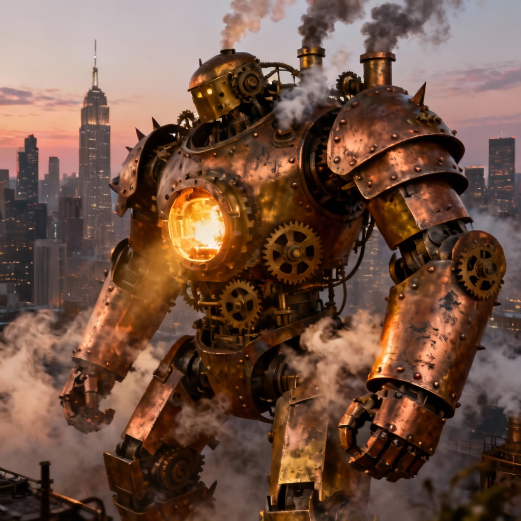 AI steampunk golem titan with gears