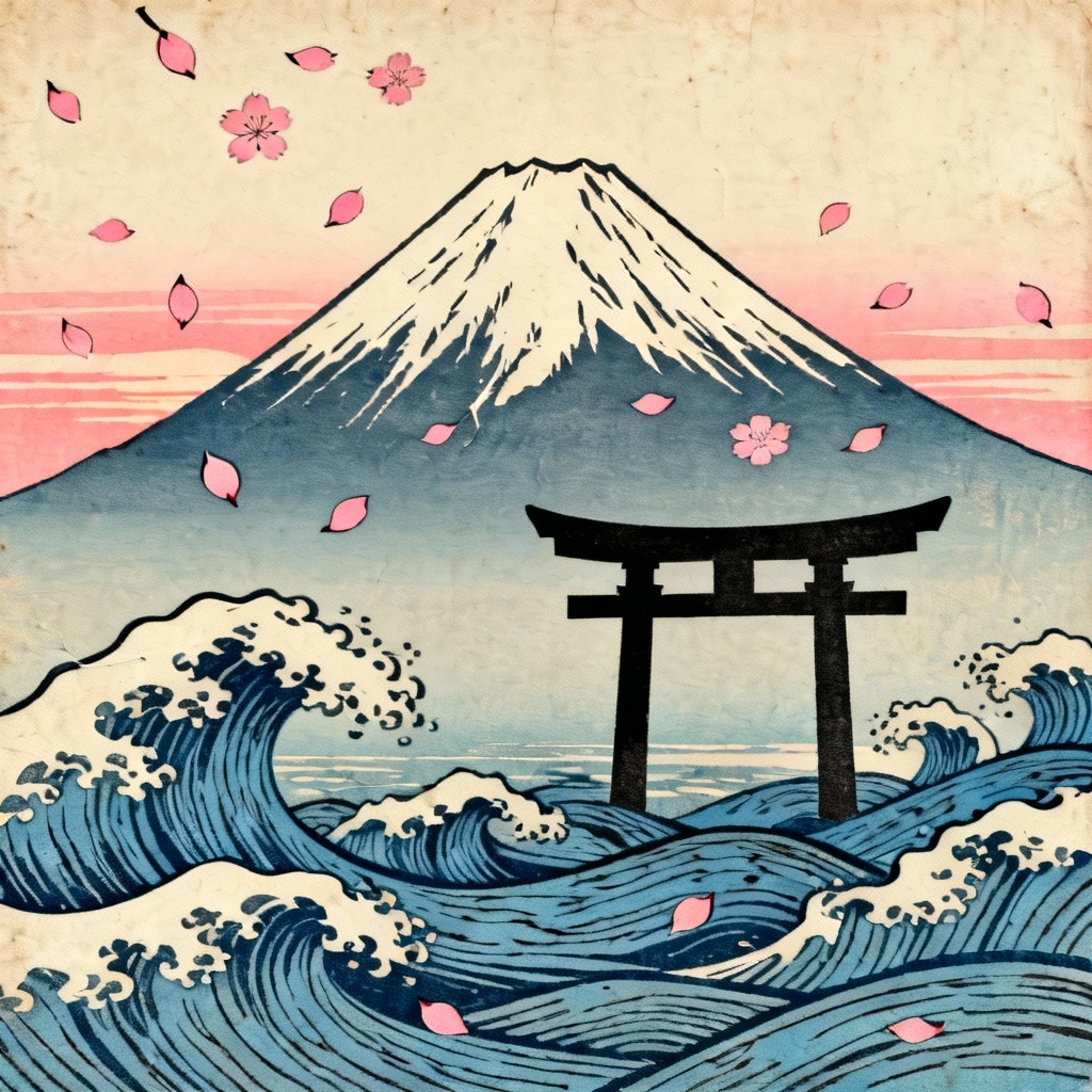 AI traditional Japanese art ukiyo-e scene of Mt. Fuji with sakura and waves