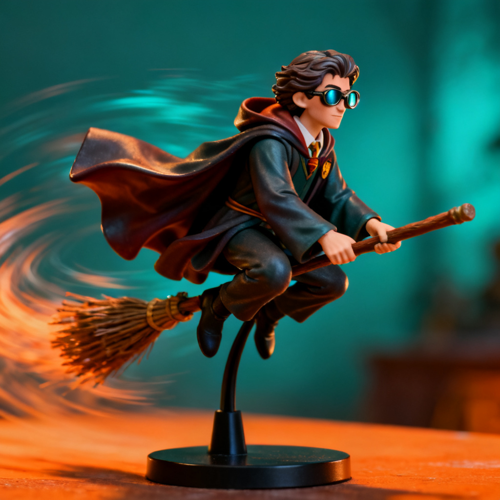 AI wizard broom action figure with dynamic stand