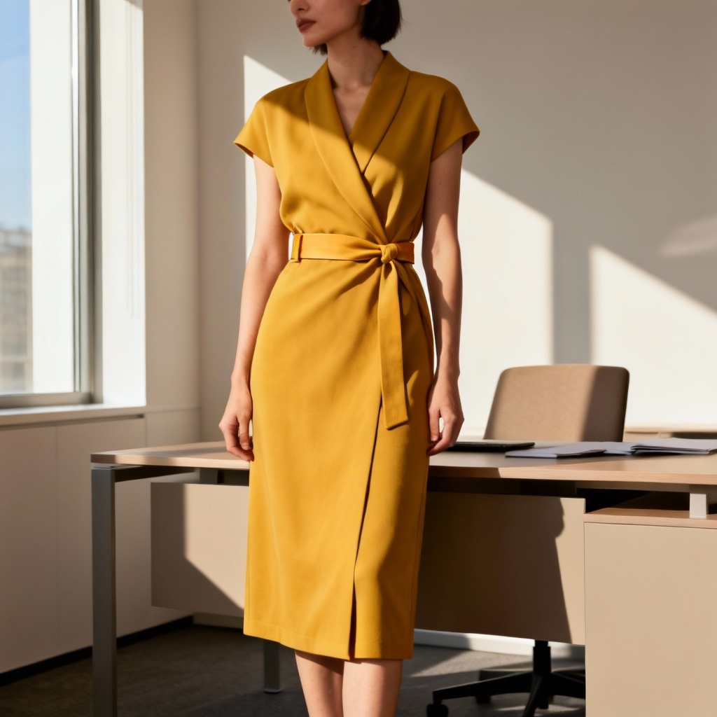 AI mustard yellow wrap midi dress for work