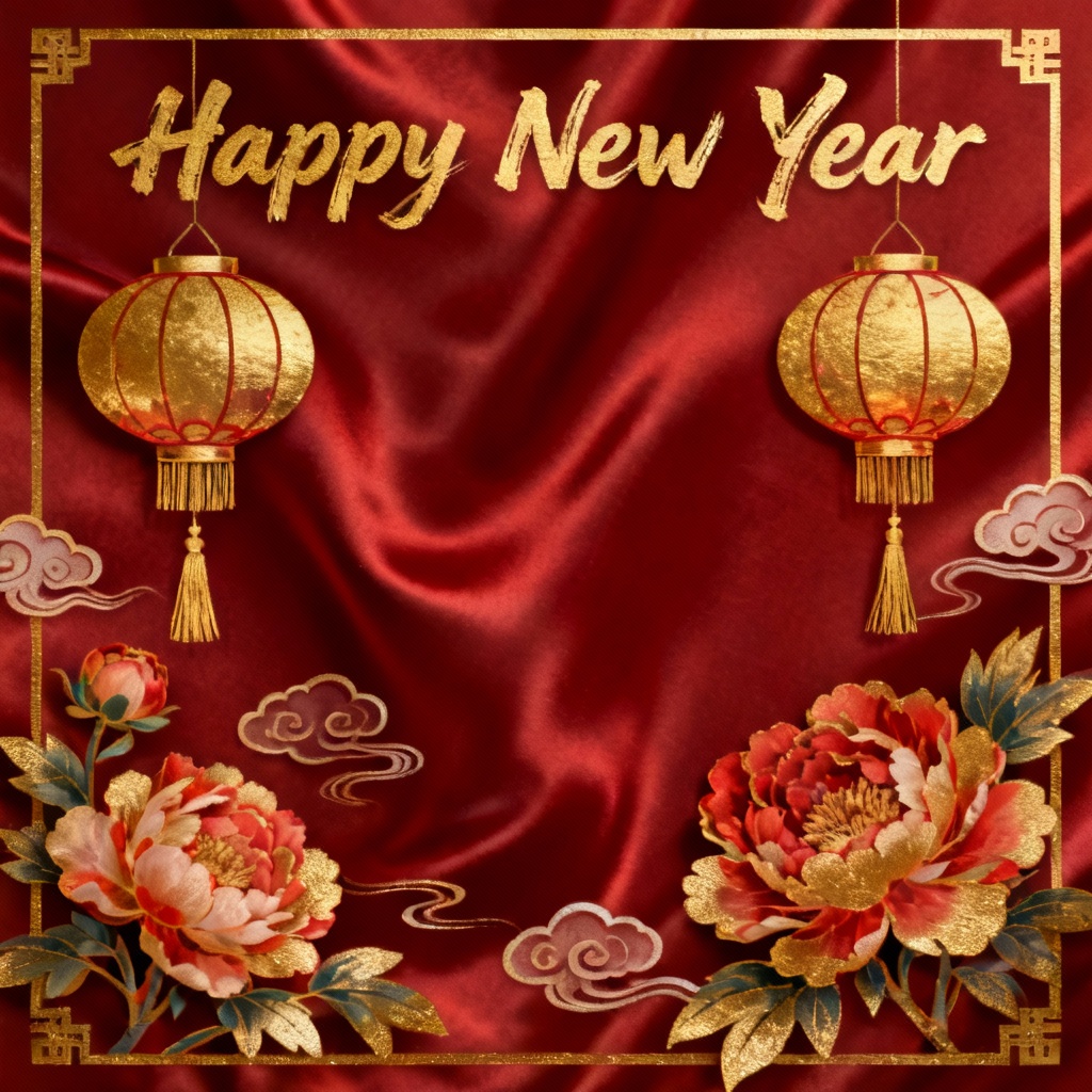Chinese New Year greeting with red and gold calligraphy