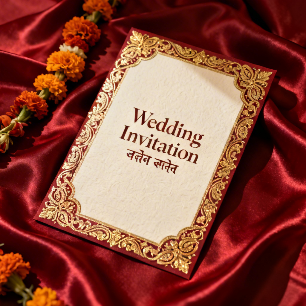 AI Indian wedding invitation in red and gold with paisley border and marigolds