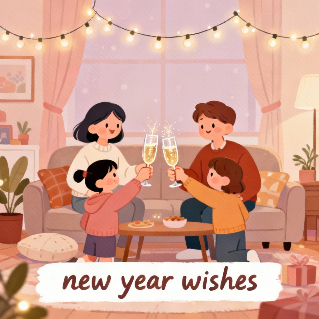 Cute illustrated family celebrating New Year at home