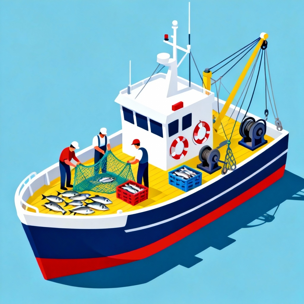 Isometric illustration of a trawler crew working on deck