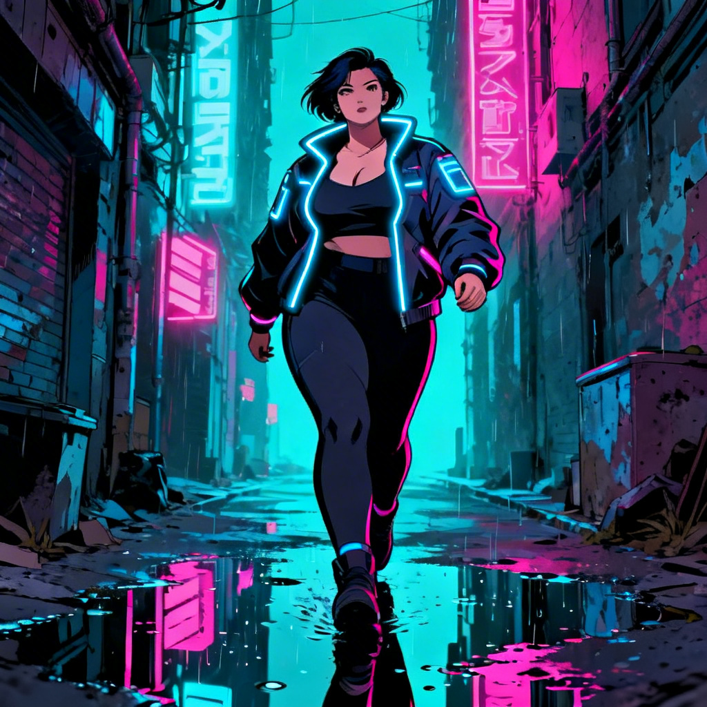 AI Manga Chubby Girl cyberpunk runner in neon alley