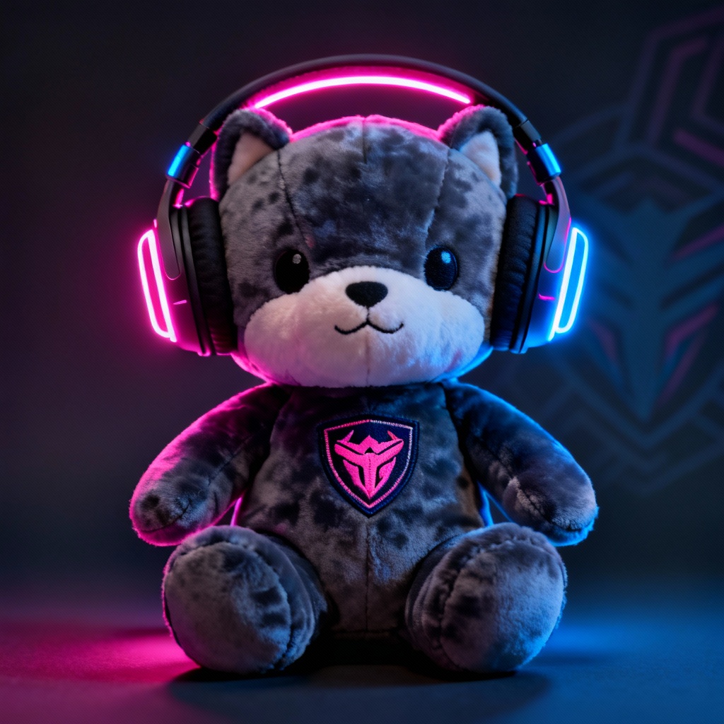 AI gamer mascot plush concept with neon accents