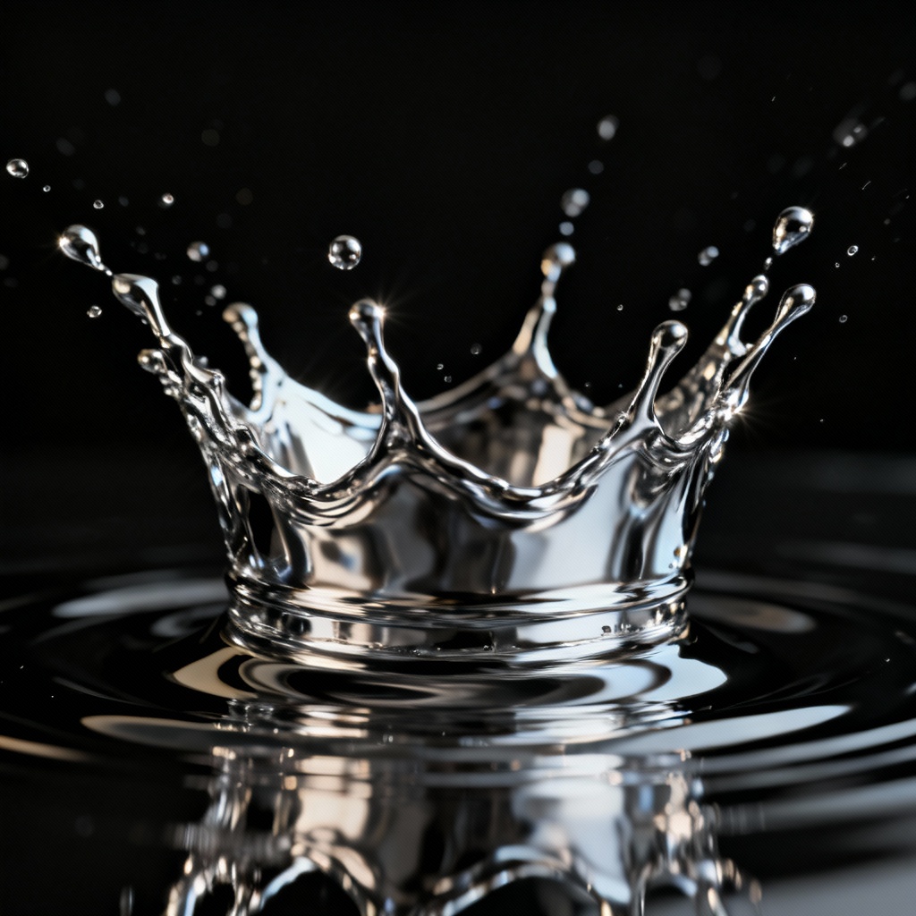 AI chrome liquid crown splash macro on black background