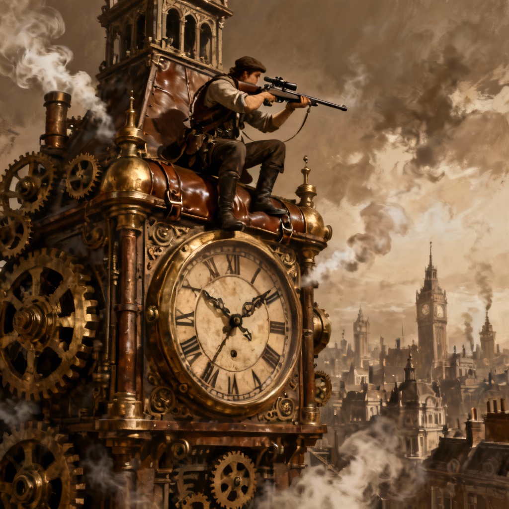 AI steampunk sniper on a clocktower with brass details