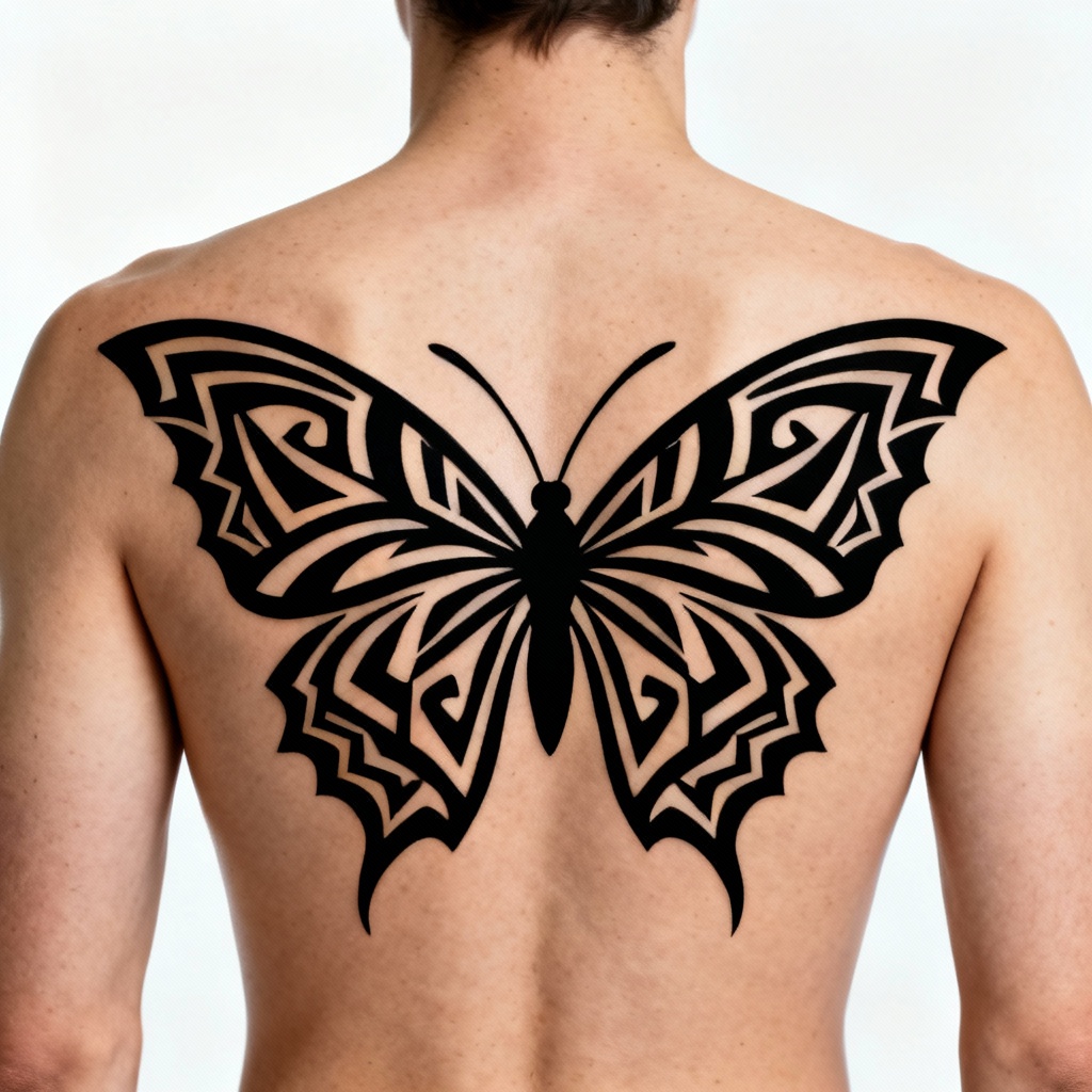 Tribal blackwork butterfly upper back tattoo