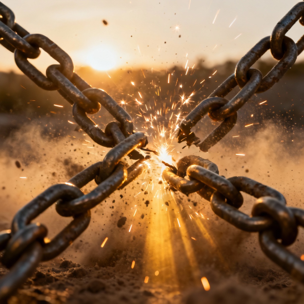 AI freedom poster showing chains breaking at sunrise