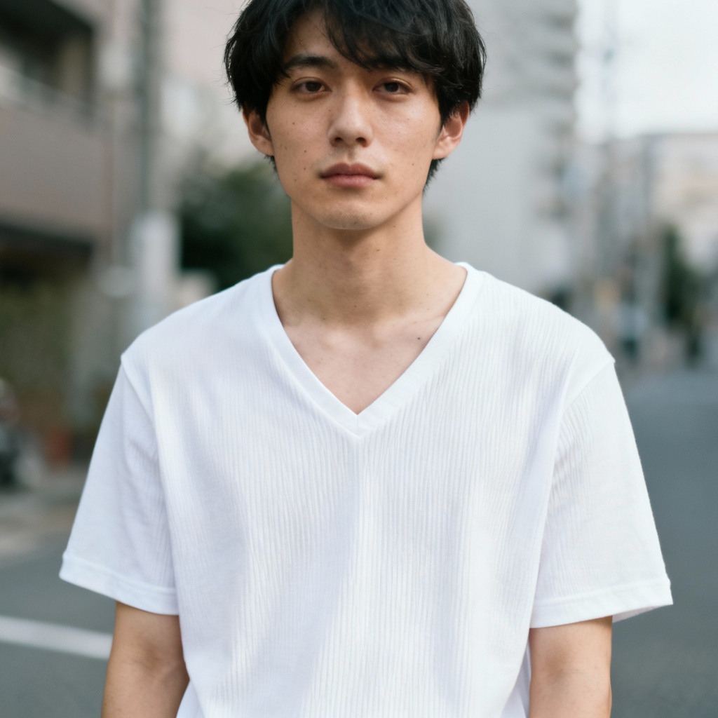 AI minimalist white v-neck tee on lifestyle model outdoors