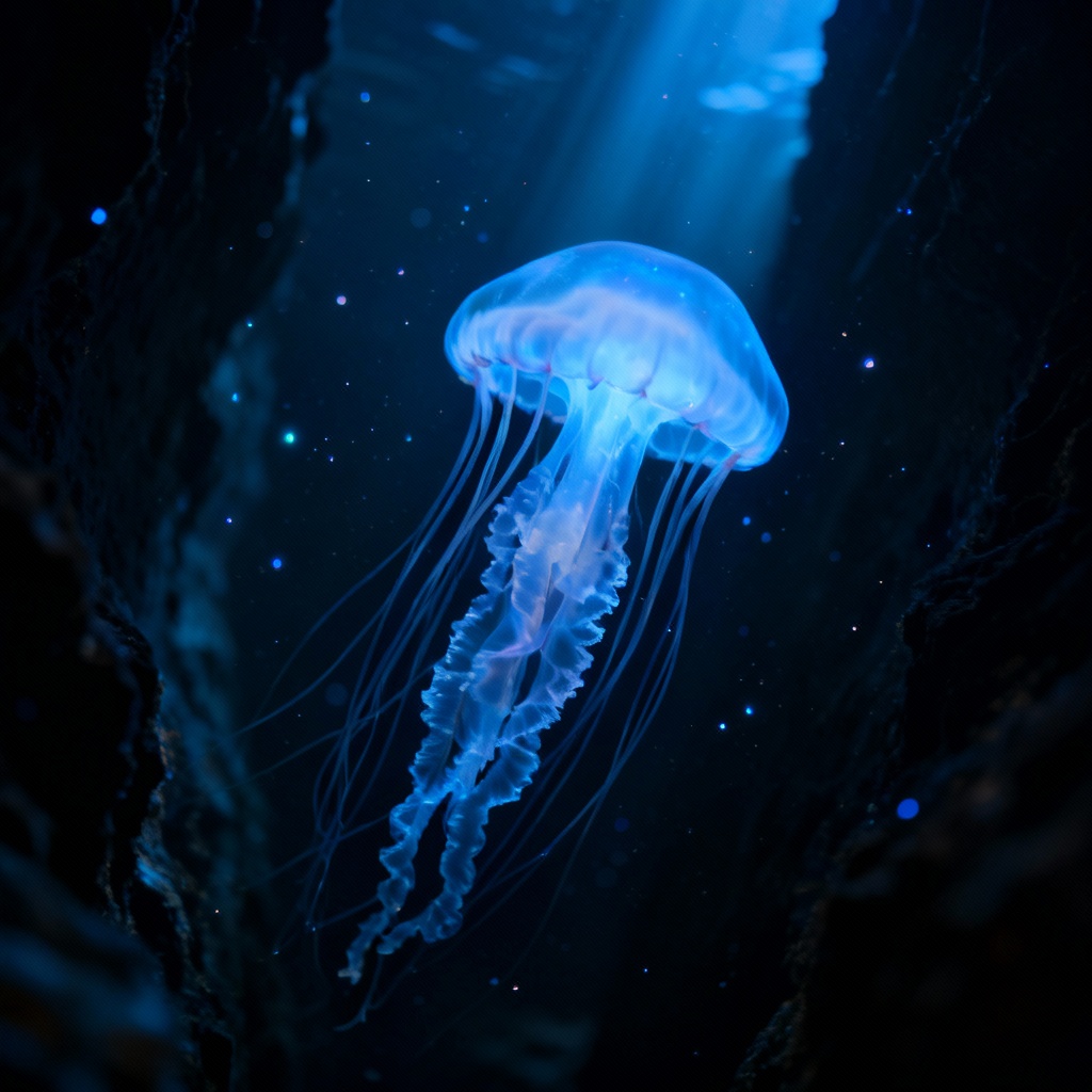 AI ghostly glowing jellyfish in deep sea trench