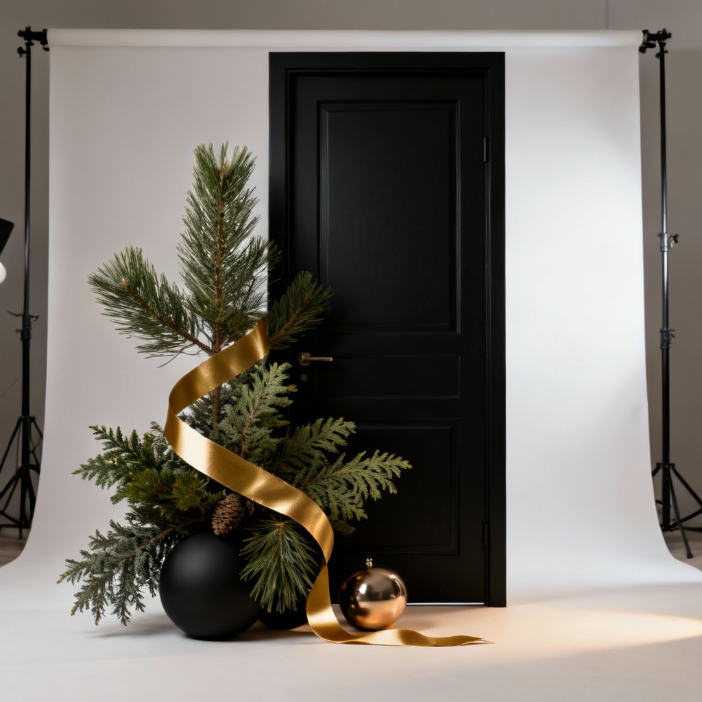 AI elegant holiday wreath with gold ribbon on black door