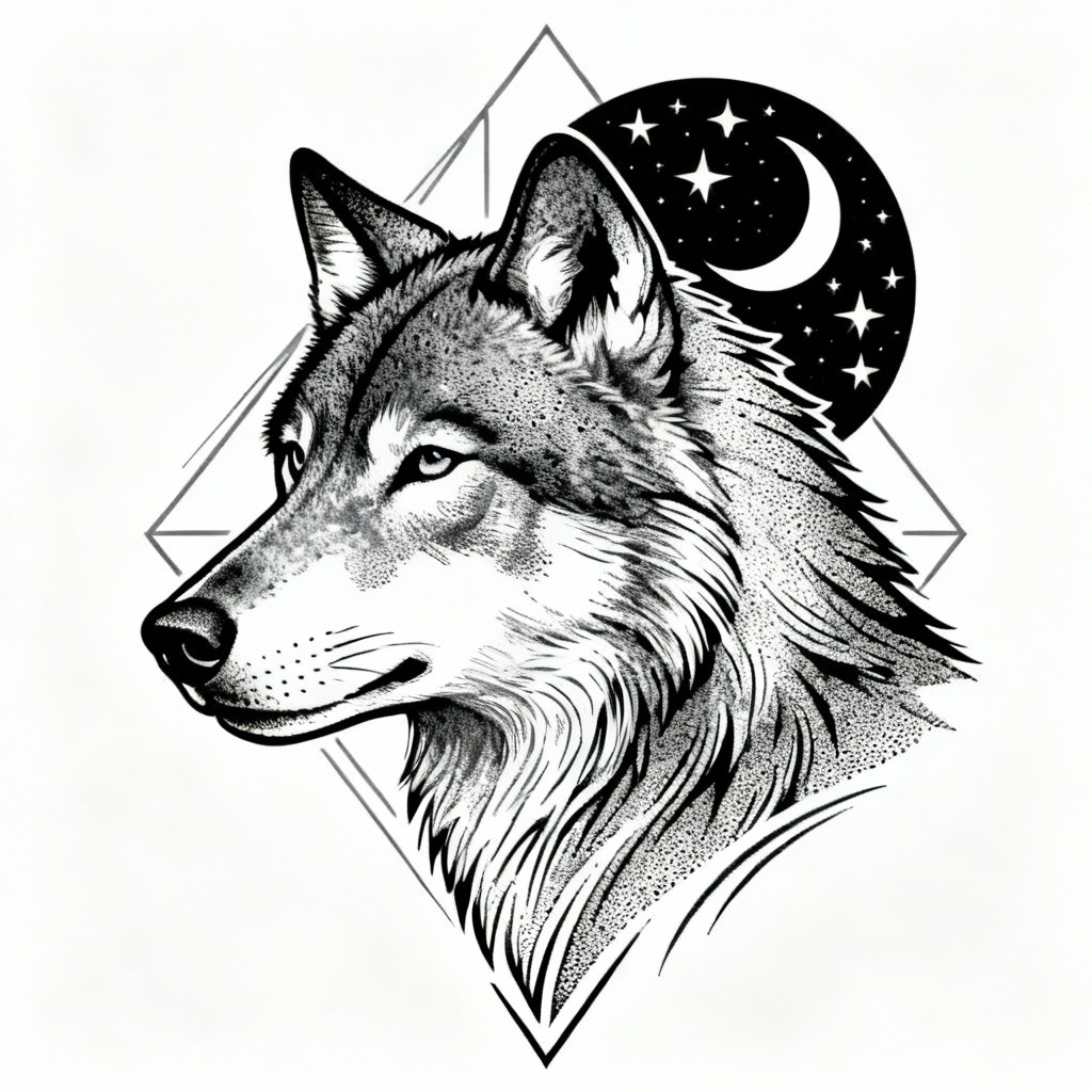 Dotwork wolf tattoo with crescent moon and stars