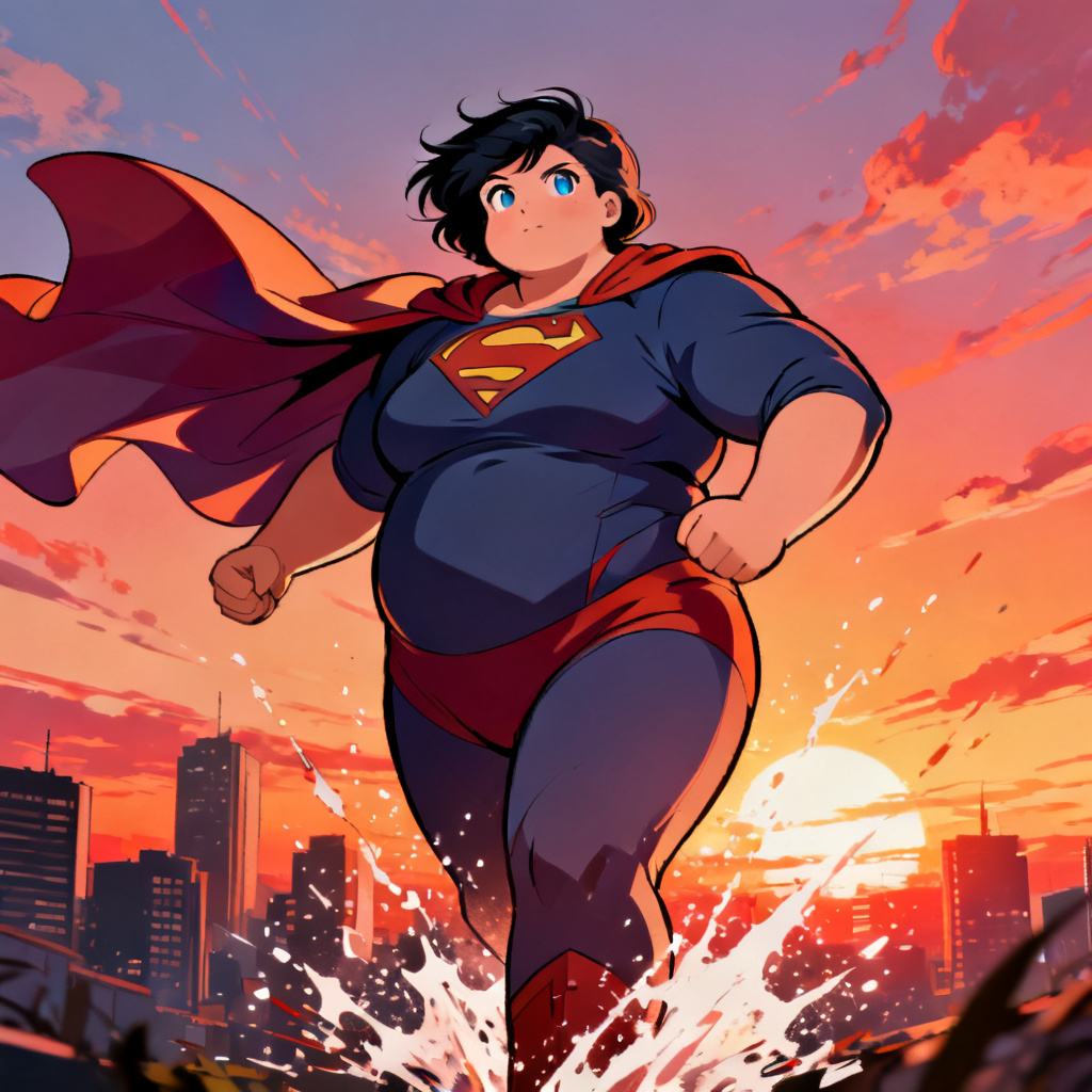 Plus-size anime hero with dynamic pose and cape