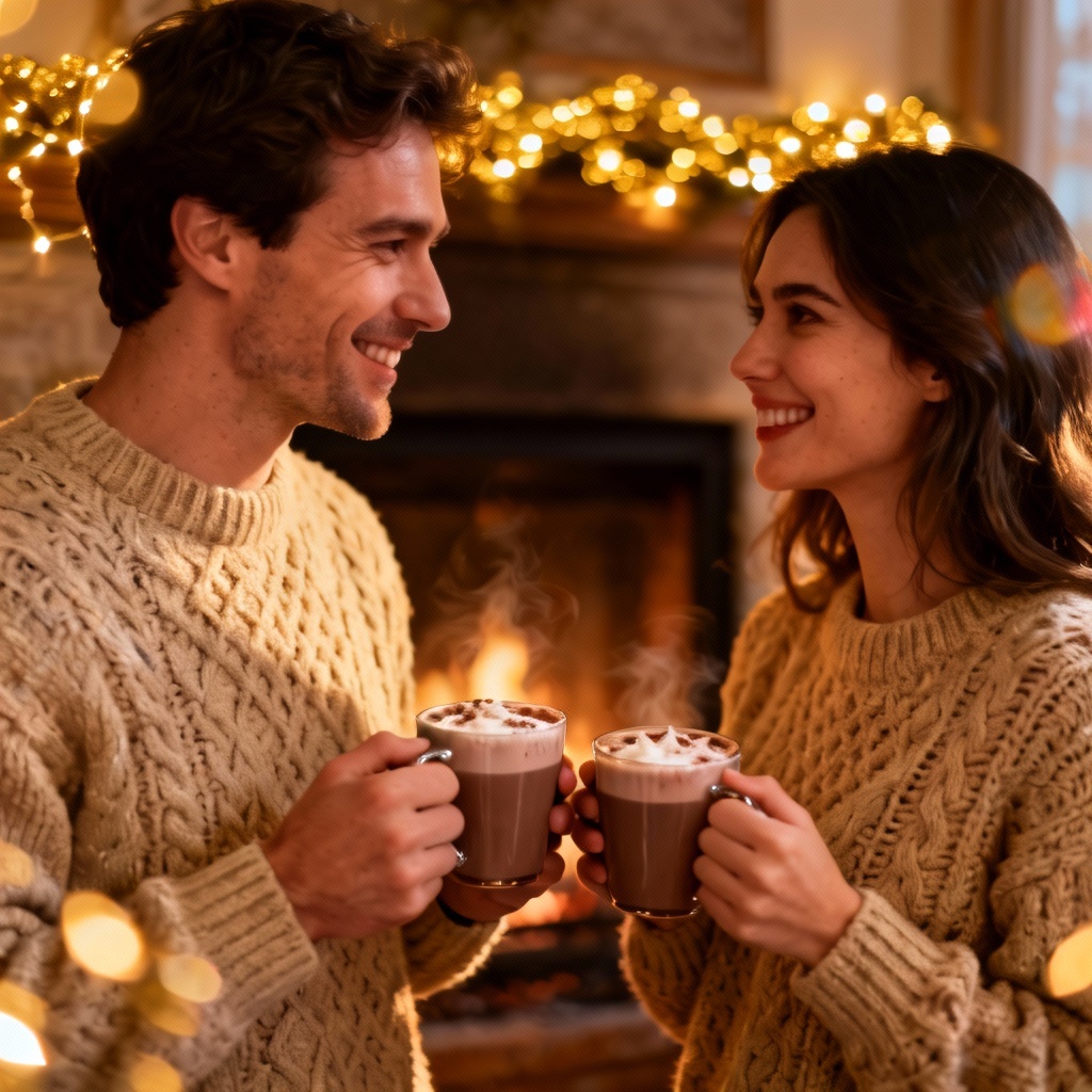 AI cozy couple in sweaters by a fireplace