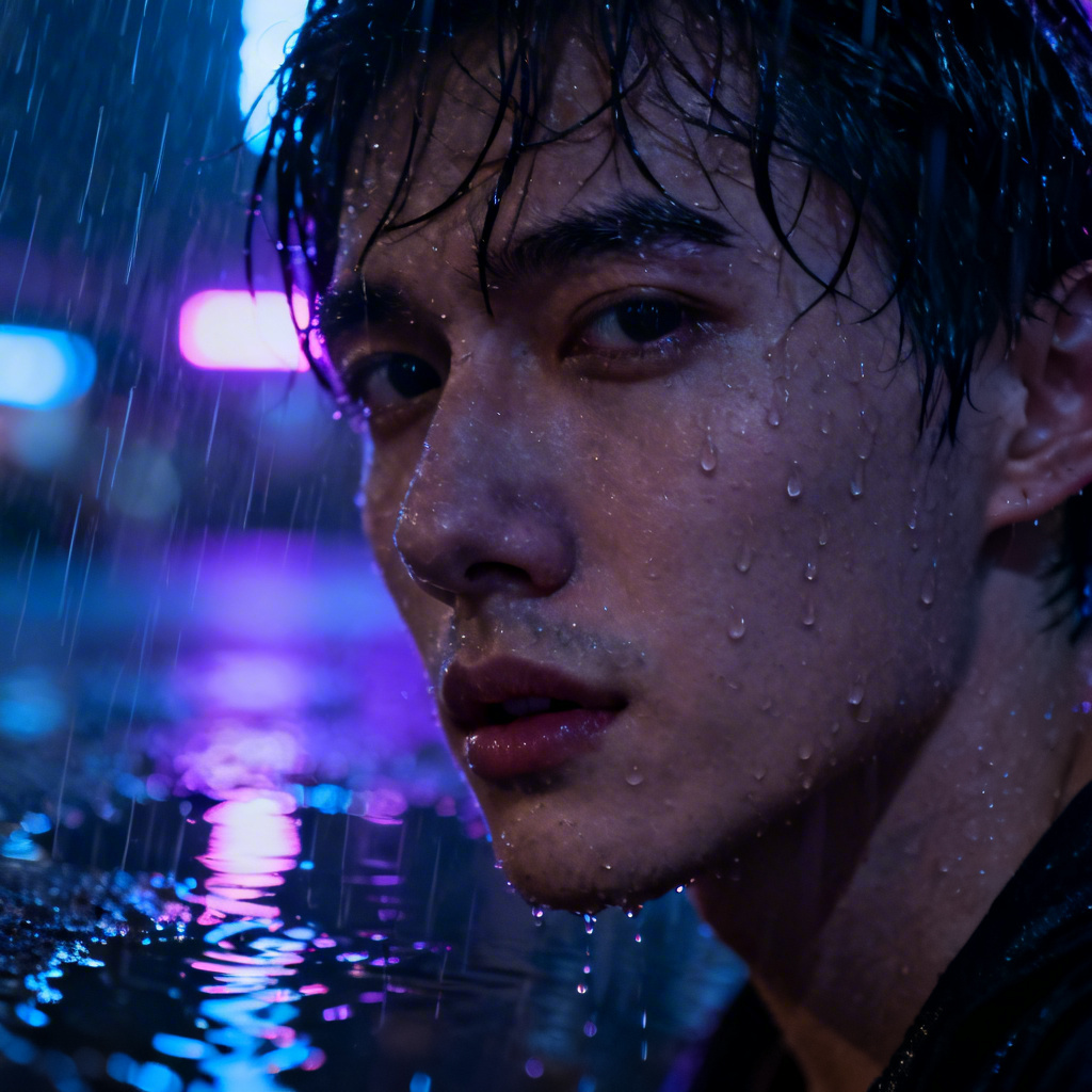 AI wet look portrait with realistic rain and water droplets