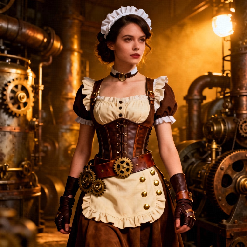 AI steampunk maid costume with brass accents