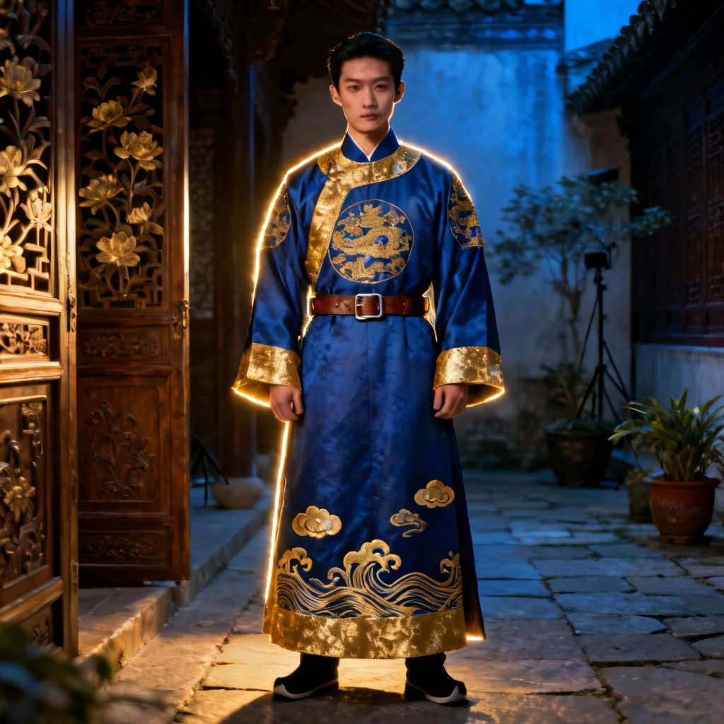 AI Ming-style blue round-collar hanfu with gold trim
