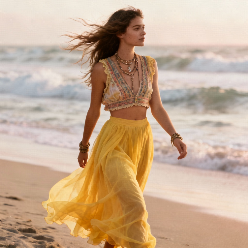 AI Boho Yellow Chiffon Skirt