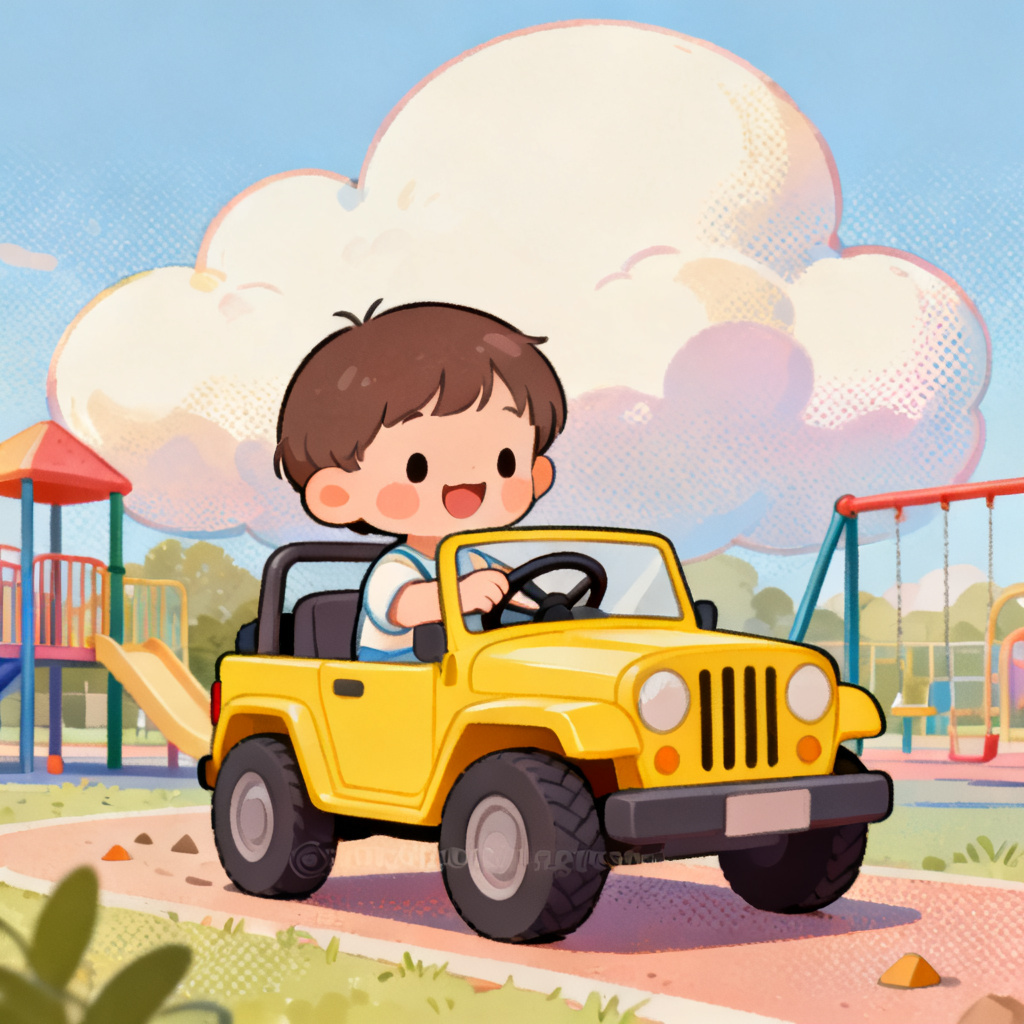 AI cartoon toddler driving a yellow toy jeep in playground