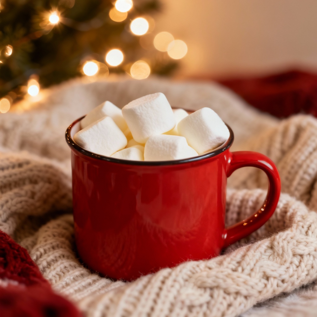 Cozy mug and knit with bokeh Christmas wallpaper aesthetic