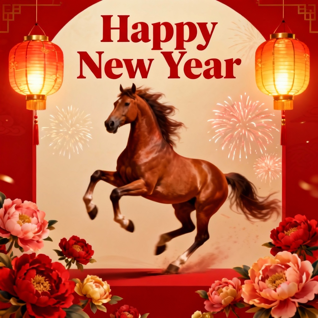 AI Lunar New Year horse poster with lanterns