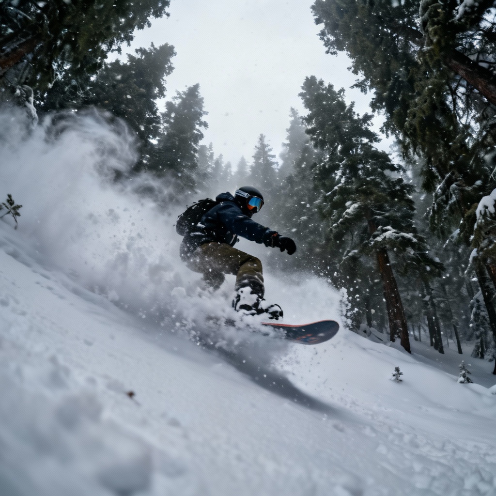 AI snowboarding generator powder slash in backcountry trees