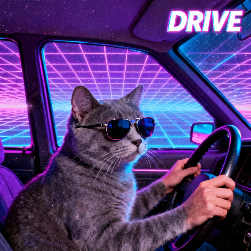 AI Vaporwave Driving Cat Meme