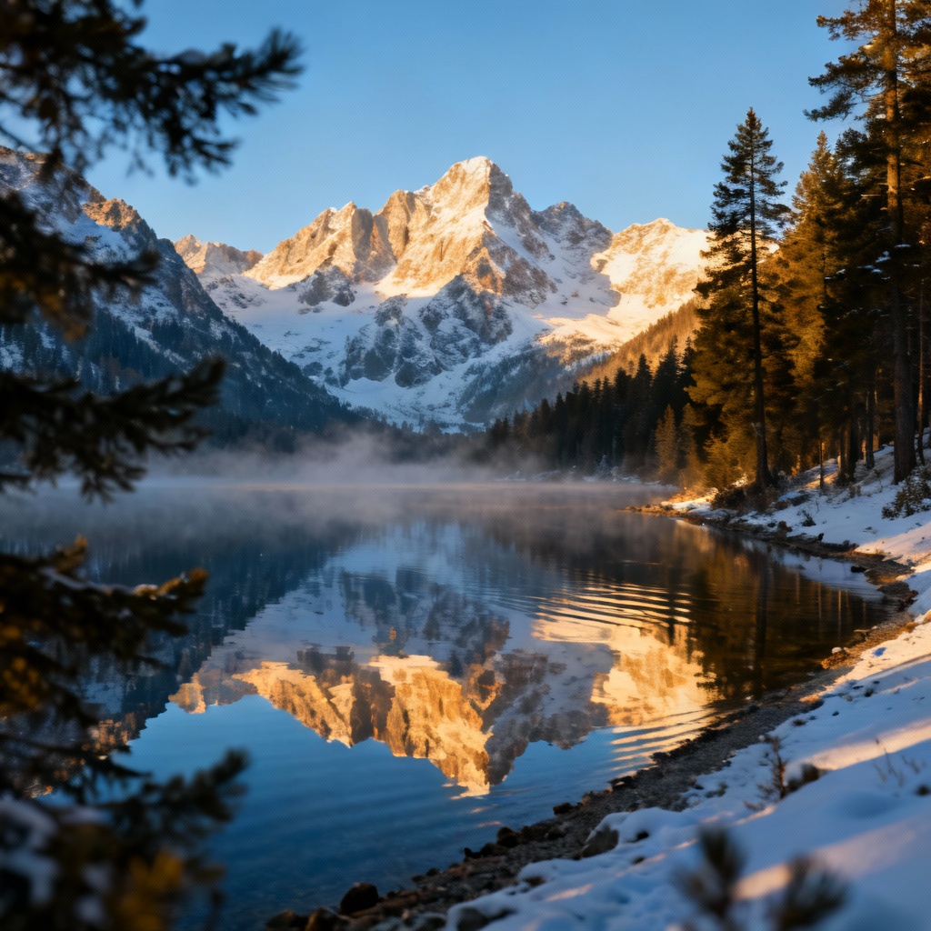 AI-generated sunrise alpine lake with mountains and mist