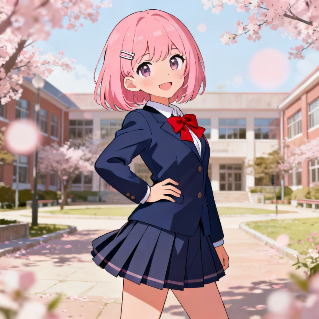 AI-generated yan sim OC in school courtyard with uniform and pink bob cut
