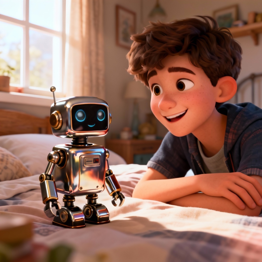 AI Pixar-inspired teen and friendly robot