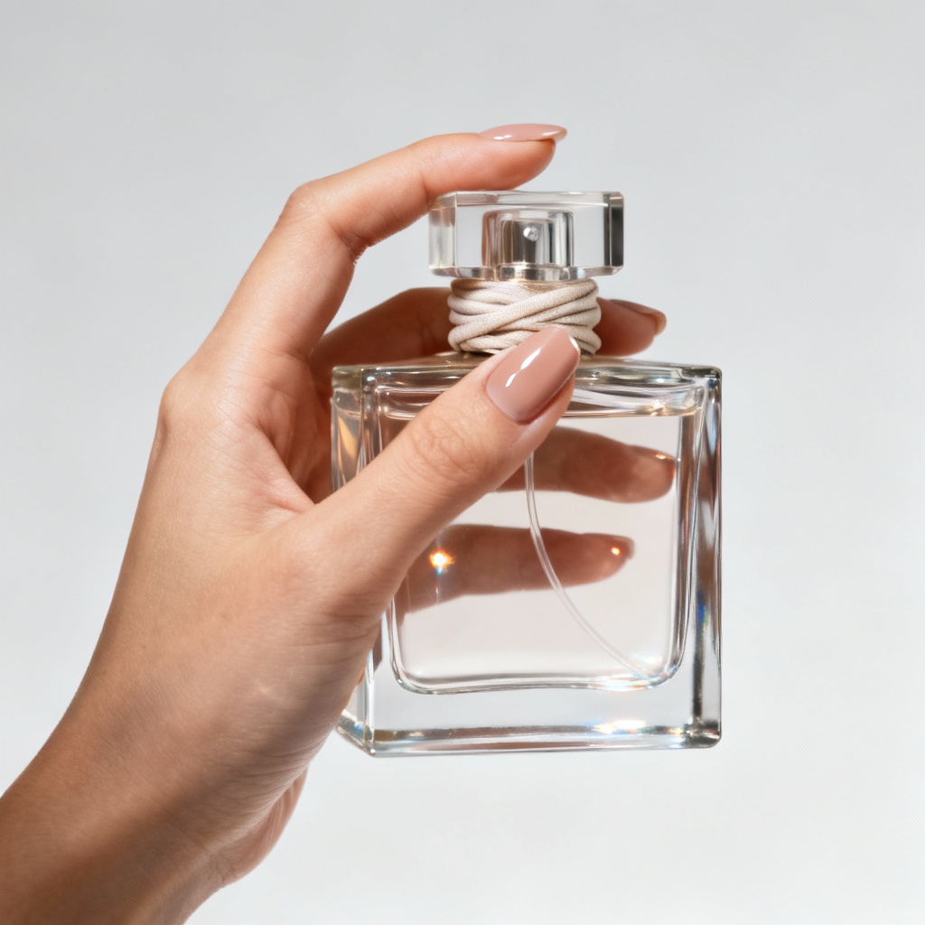 Realistic hand gripping a perfume bottle with proper anatomy